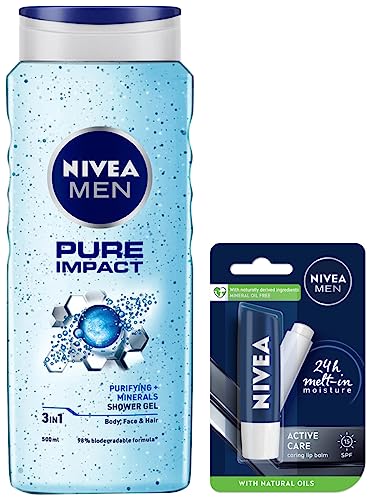 NIVEA Men Pure Impact Shower Gel, 500ml, Hair, Face & Body Wash And NIVEA Men Lip Care, Active Care Lip Balm, SPF 15, 4.8g