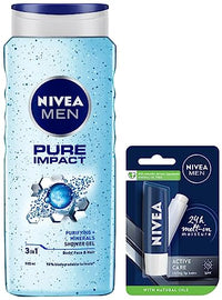 NIVEA Men Pure Impact Shower Gel, 500ml, Hair, Face & Body Wash And NIVEA Men Lip Care, Active Care Lip Balm, SPF 15, 4.8g