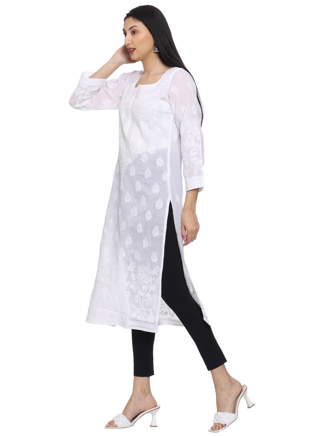 Ada Hand Embroidered Lucknowi Chikankari Straight Cotton Kurti Kurta for Women A220999 White 2XL