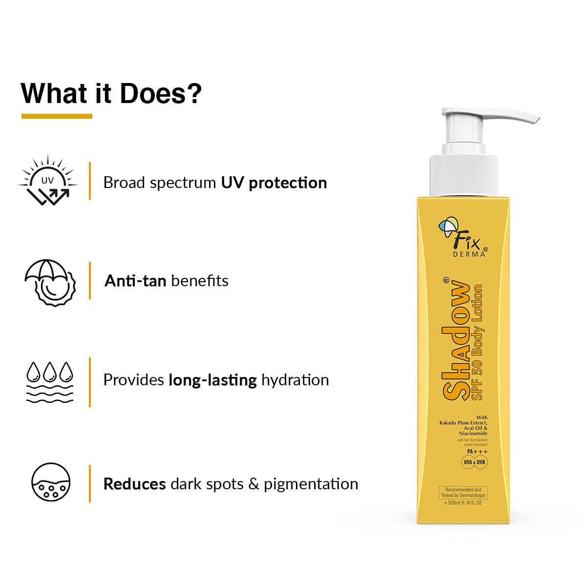 Fixderma Shadow Sunscreen Body Lotion with SPF 50 PA+++ & 2% Niacinamide | Body Sunscreen | Prevents Sun Tan, UVA & UVB Protection with No White Cast For Women & Men - 200 ml