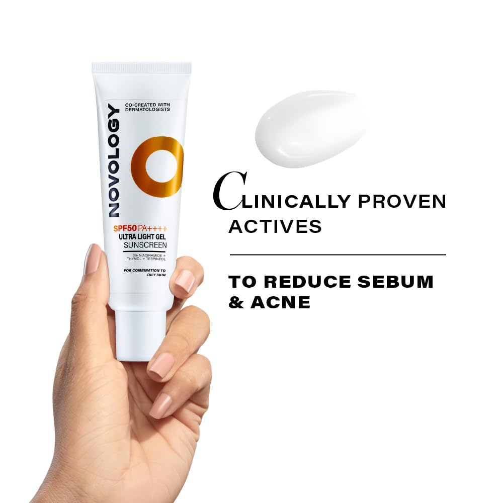 Novology SPF 50 PA++++ Ultralight Gel Sunscreen with Niacinamide| Fights Acne and Sebum| Non-Greasy, Quick Absorbing, Invisible Finish | Designed for Oily Skin| 50 g