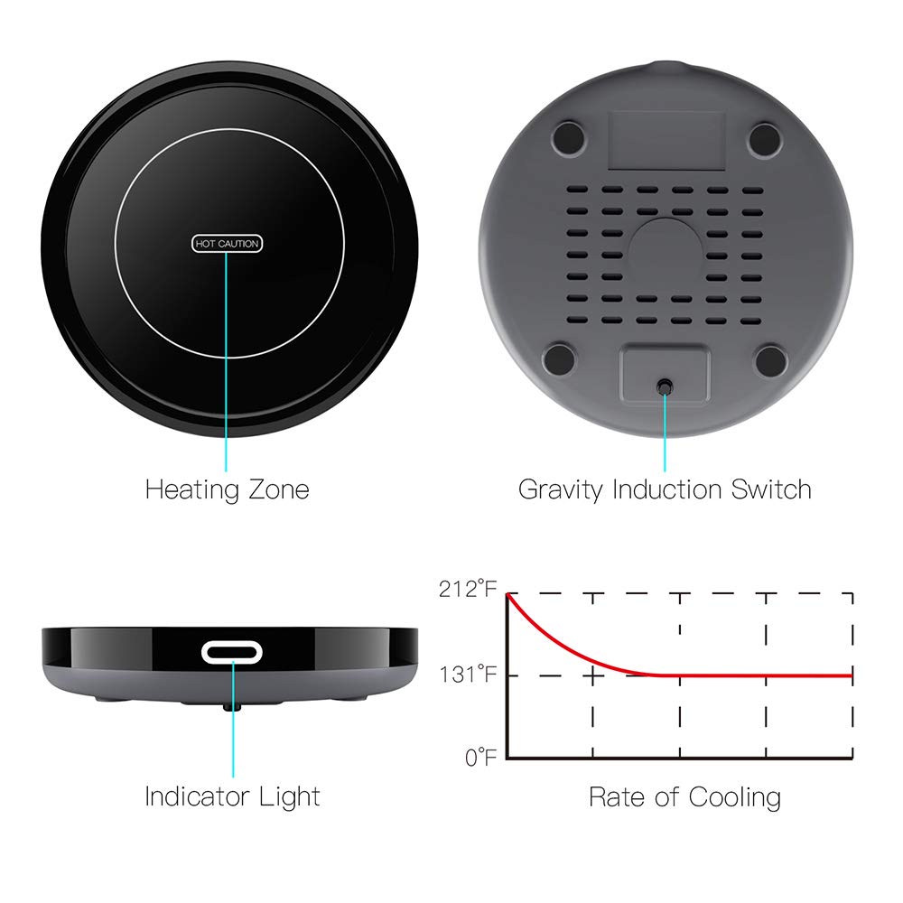 Smart Coffee Warmer, BESTINNKITS Auto On/Off Gravity-Induction Mug Warmer for Office Desk Use, Candle Wax Cup Warmer Heating Plate (Up to 131F/55C) (Black) Black