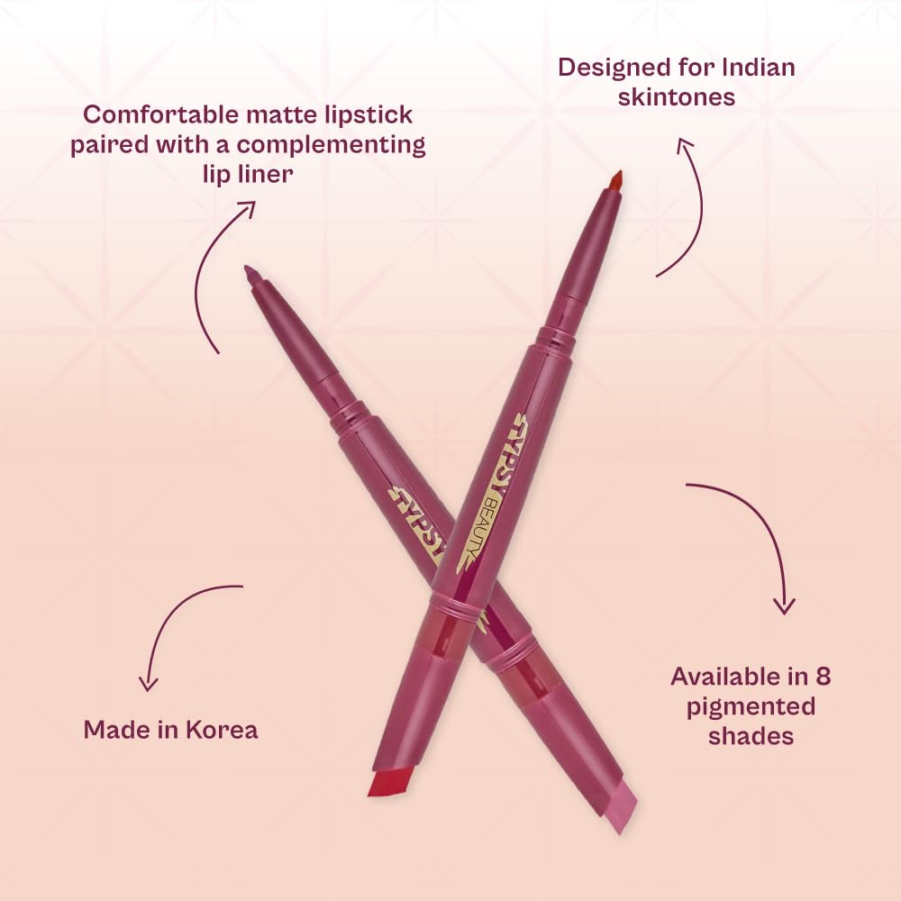 Typsy Beauty Twist & Pout Lipstick & Lip Liner | Lipstick with Matching Liner for Defined Lips I Candy Crushin I Matte finish & Contoured Lip Effect I Mauve Pink | Made In Korea | 0.75 + 0.16g