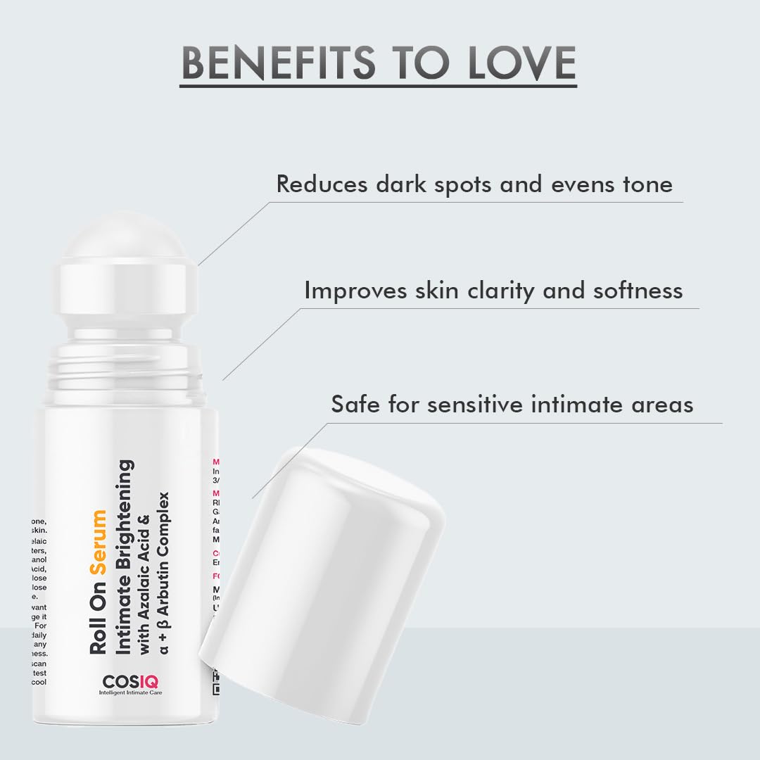 Cos-IQ Intimate Brightening Roll-On Serum | With Azelaic Acid & Alpha + Beta Arbutin Complex | For Dark Underarms, Inner Thighs, Knees & Bikini Area | Intimate Areas for Women & Men | 40ml