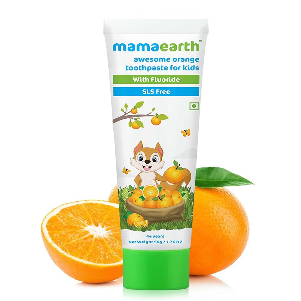 Mamaearth Natural Toothpaste for Cleanses Cavity,Plaque Repairing, Orange Flavour, SLS Free, with 750 Ppm Fluoride, 4+ Years, Plant Based with No Harmful Chemicals, 50Gm