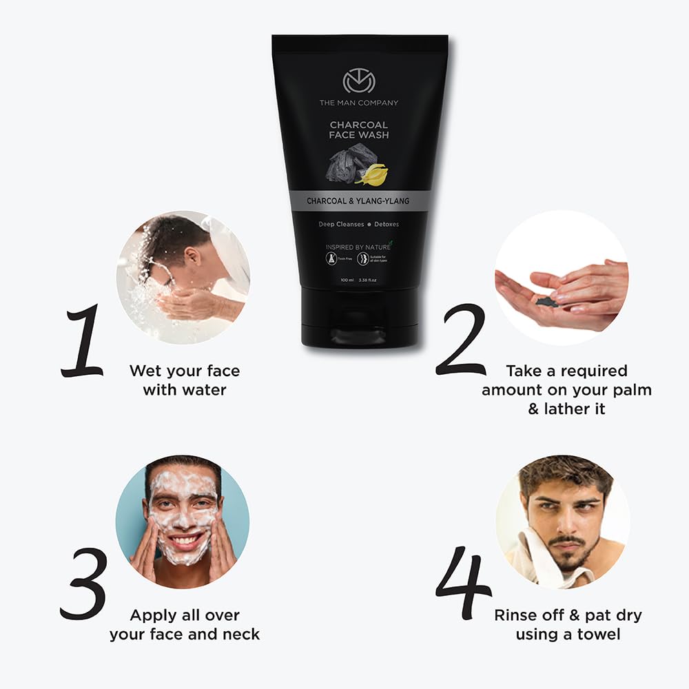 The Man Company Activated Charcoal Face Wash for Men | Ylang Ylang | Oil Control | Unclog Pores | Deep Cleansing | Blackheads Removal | All Skin Types - 100ml