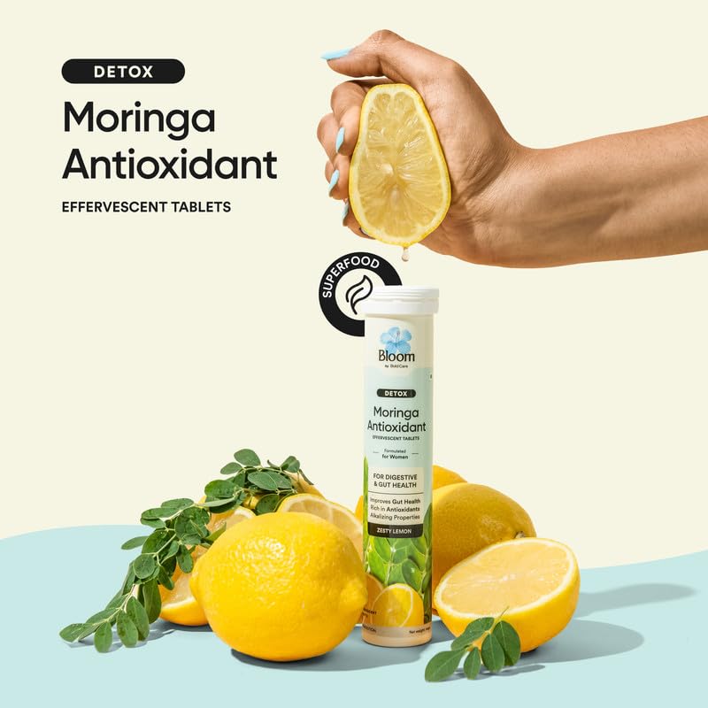 Bloom Moringa Antioxidant Effervescent Tablets | 20 Effervescent Tablets (Pack of 1) | Natural Liver Detox and Gut Health | Infused with Organic Moringa Leaf Powder | Lemon Flavour