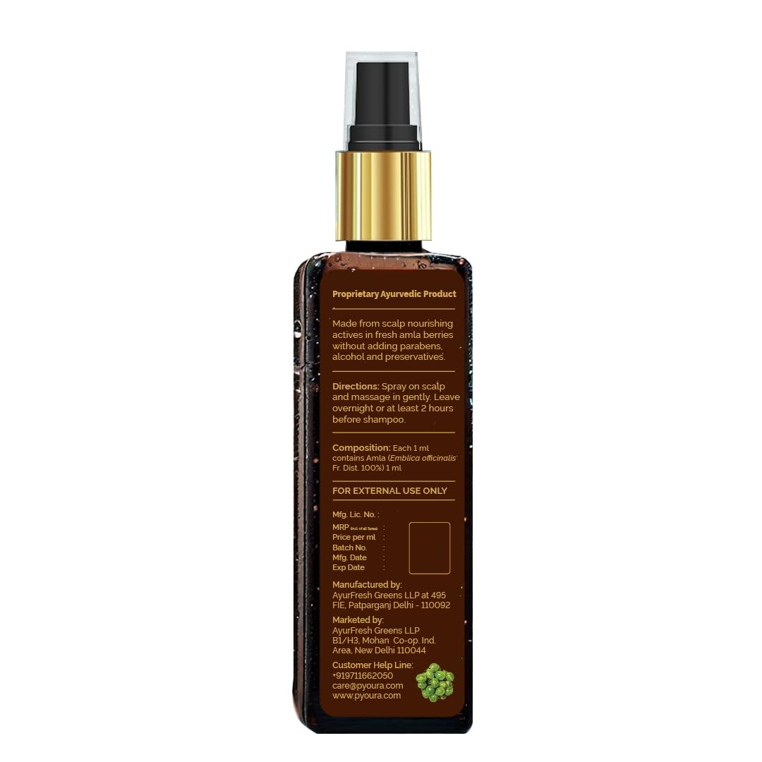 PYOURA Healthy Scalp Hair Growth Amla Spray Serum, Non-Sticky Hair Mist for Dry Itchy Scalp, Dandruff & Heat Protection, Helps Improve Henna Tone, Natural Ayurvedic Herbal Extract of Fresh Amla, 100ml