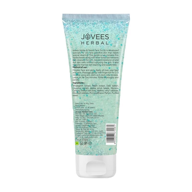 Jovees Herbal Jojoba & Neem Face Scrub | With Liquorice Extract & Wheatgerm Extract | For Oily Skin | Removes Dead Skin Cells | Improves Skin Elasticity |100gm