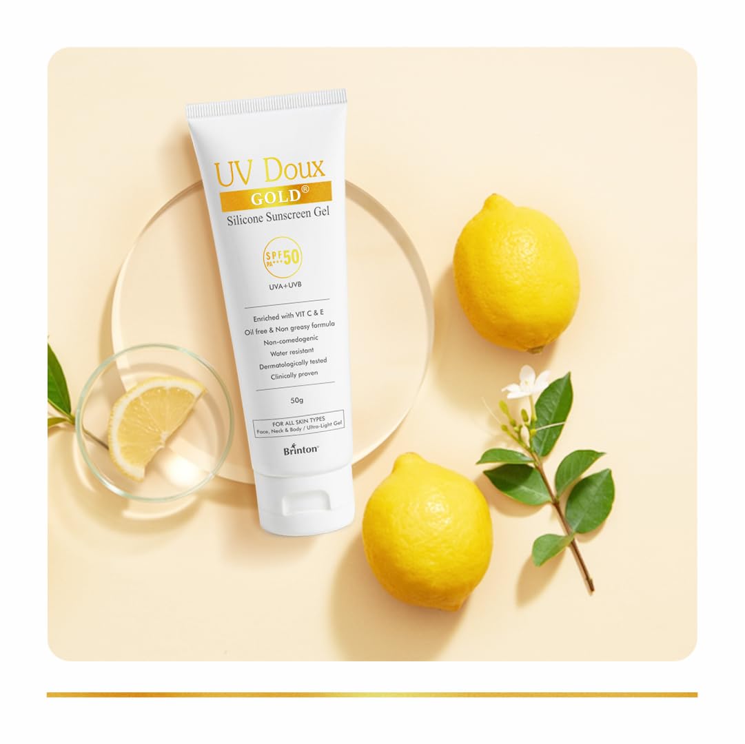 Brinton UV Doux Gold Silicone Sunscreen Gel SPF 50 PA+++ With Vitamin C&E|Clinically Tested,Water Resistant&Non- Greasy|UVA/UVB Protection Against UVA/UVB Rays| For All Skin Types,100 Gm (Pack Of 1)