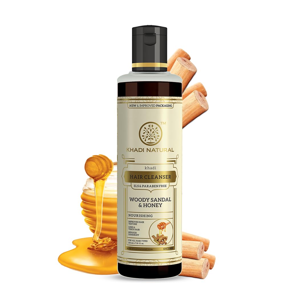 Khadi Natural Woody Sandal & Honey Hair Cleanser|Fights dandruff| Softens rough hair|SLS & Paraben Free |Suitable for all hair types|210 ml