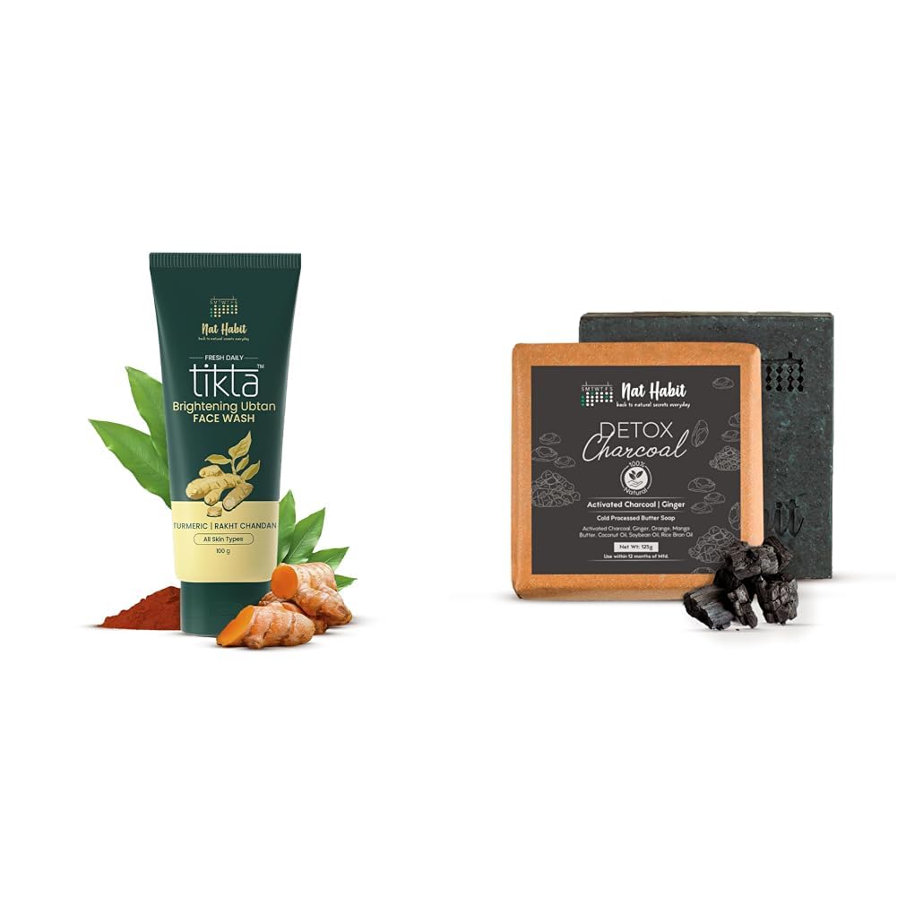 Nat Habit Face Wash Combo Brightening Ubtan Face Wash 100g and Detox Charcoal Soap 125g For Skin Brightening