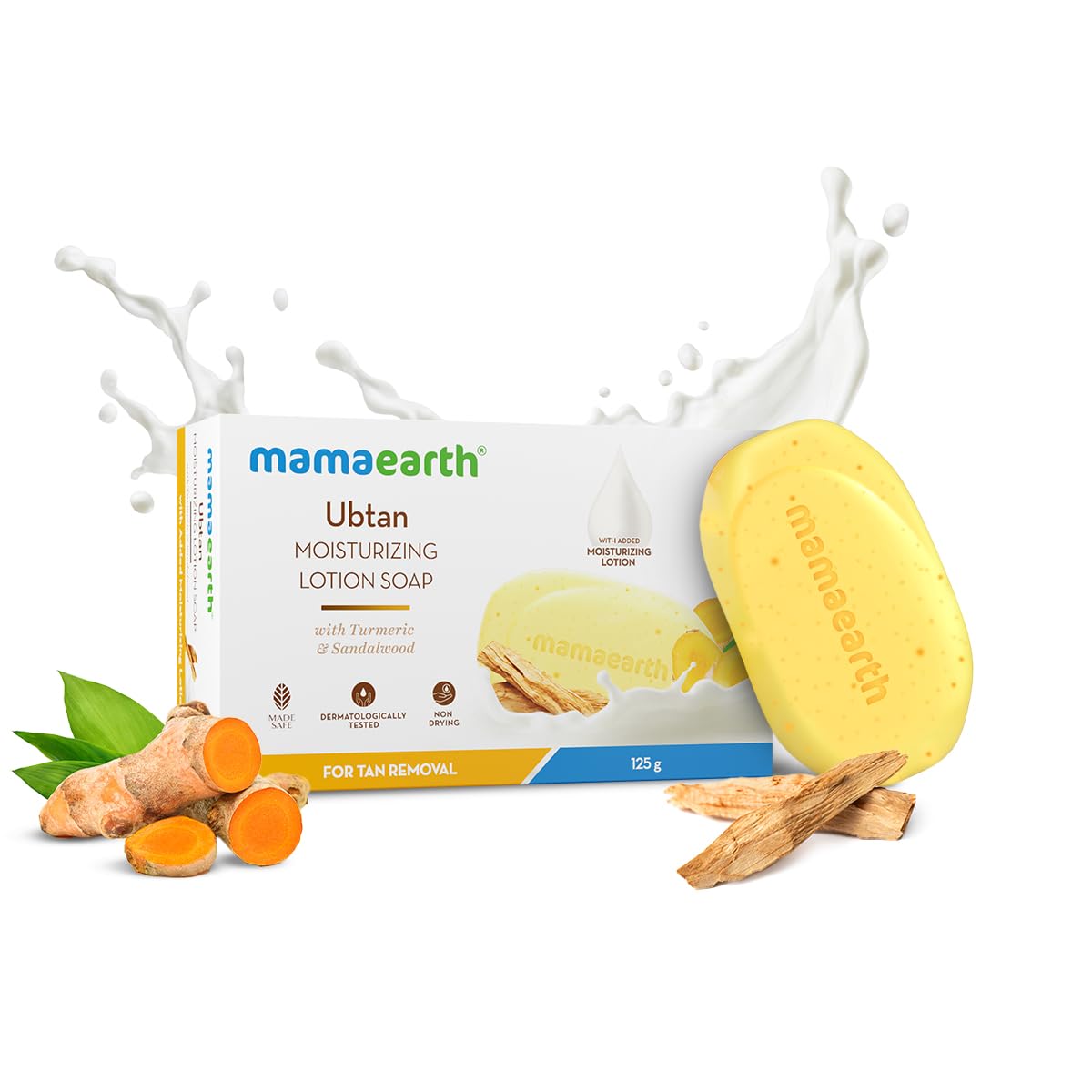 Mamaearth Ubtan Moisturizing Lotion Soap with Turmeric & Sandalwood-125 g|Removes Tan|Benefits of Lotion in a Soap|Gently Exfoliates|Deeply Cleanses|Nourishes Dry Skin|Non-Drying|76% TFM Grade 1 Soap