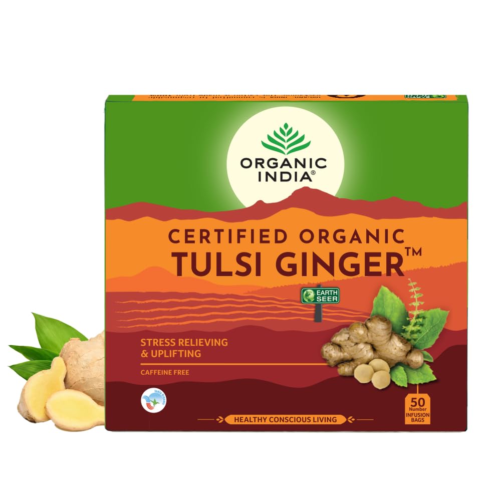 A TATA Product - Organic India Tulsi Ginger - 50 Tea Bags, Rich in Antioxidants, Supports Digestion, Stress Relieving, Helps Boost Metabolism, Caffeine-Free, Whole Herbs