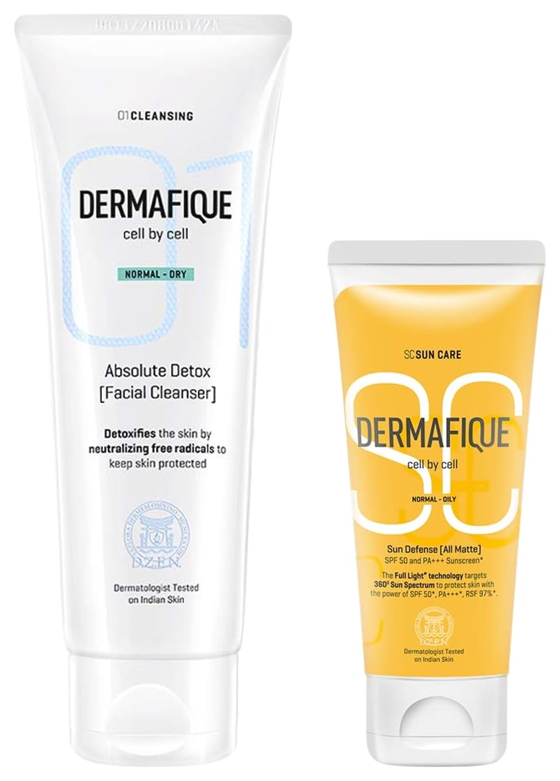 Dermafique Absolute Detox Facial Cleanser – 100ml with BioActive Cellulose Beads Face Wash Enriched with Vitamin E Pomegranate Extracts Soap Fac SPF 50 PA +++ Sunscreen 50g for Normal