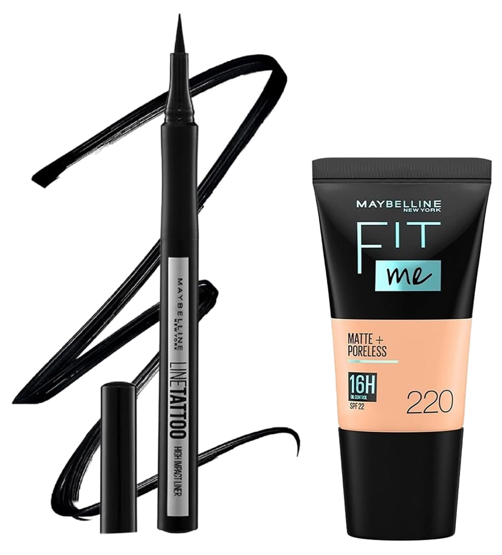 Maybelline New York Eyeliner, Intense Eyeliner, Black & Maybelline New York Liquid Foundation, Matte & Poreless, Full Coverage Blendable Normal to Oily Skin, Fit Me, 220 Natural Beige, 18ml