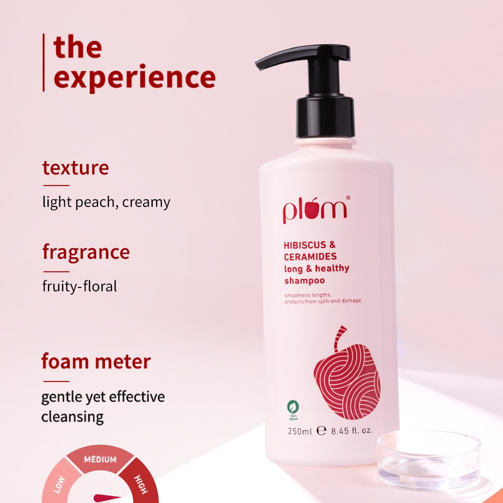 Plum Hibiscus & Ceramides Long & Healthy Shampoo | Hydrates & Conditions Hair, Prevents Split Ends |Contains Hibiscus Extracts, Ceramides | SLS & Paraben Free| 100% Vegan | 250ml