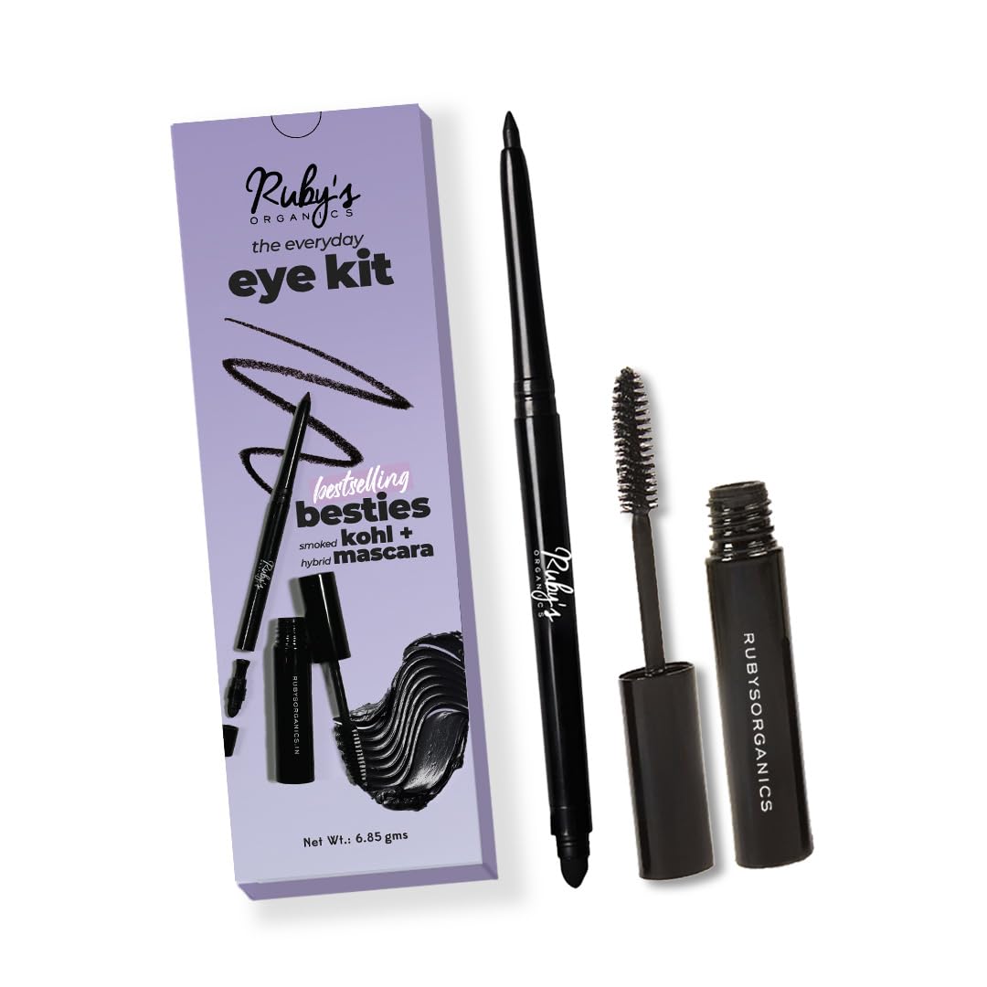 Ruby's Organics Kohl and Mascara Beauty Gift Kit for Women- Long-Lasting Intense Pigment, Smudge Proof, Everyday Eye Makeup Kajal, 100% Natural & Non-Toxic, Eye-Friendly, Daily Use - Black (Combo Pack of 2)
