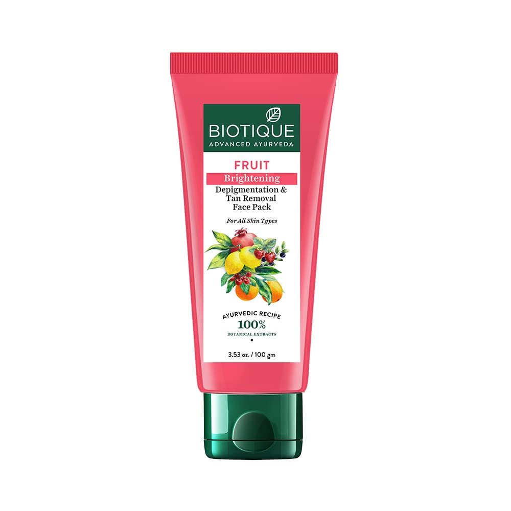 Biotique Bio Fruit Whitening/Brightening Lip Balm, 12g & Biotique Fruit Brightening Depigmentation & Tan Removal Face Pack For All Skin Types, 100ml