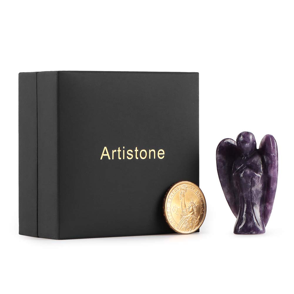 Artistone 2.0" Guardian Angel Statue Crystal Figurines,Hand Carved Pocket Purple Lepidolite Protective Peace Reiki Healing Angel Stone for Home Christmas Decoration(Gift Box)