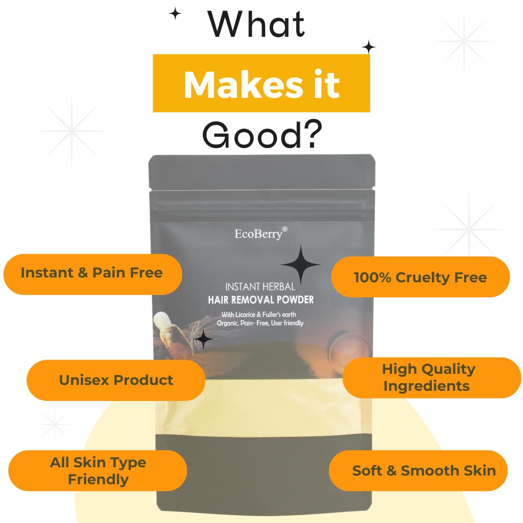 EcoBerry Korai Kizhangu Turmeric Instant Hair Removal Wax Powder For Painless Hair removal | Retarded Hair Growth | 100% Natural & Handmade | Preservative Free | Paraben Free | Vegan 100g (Instant) (Instant)