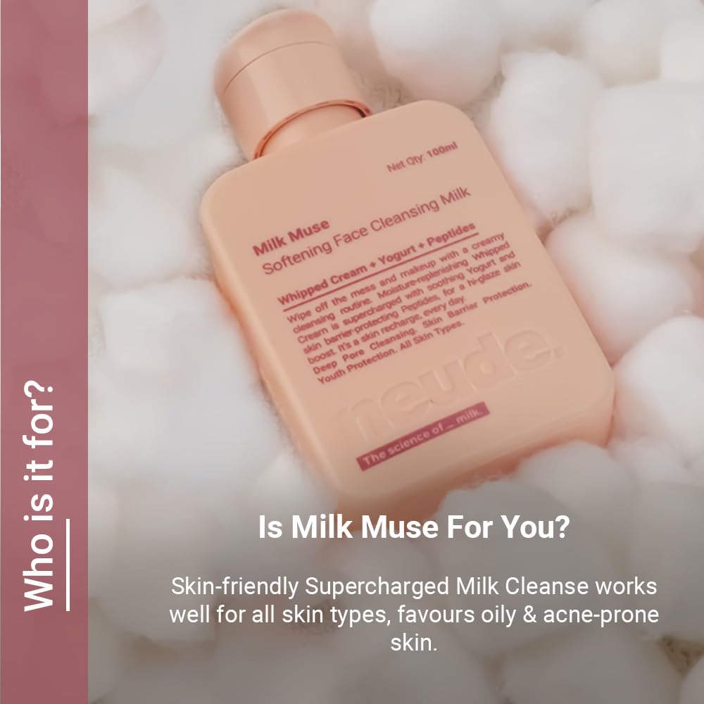 Neude Milk Muse 100ml Daily Face Cleanser Cleansing Milk with Peptides, Whipped Cream; Deep Pore Non-Drying Cleanser for Acne Prone & Sensitive Skin; Hydrating Face Wash Cleansing Milk