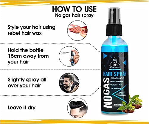 Urbangabru Combo Hair Styling Kit - Rebel Hair Styling Clay Wax (85 Gram) for 100 Times Re-Styleable and Unlimitied Strong Hold No Gas Hair Spray (100 ml)