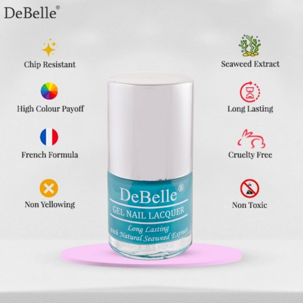 DeBelle Gel Nail Polish Royale Cocktail (Turquoise Blue Nail Paint)|Non UV - Gel Finish |Chip Resistant | Seaweed Enriched Formula| Long Lasting|Cruelty and Toxic Free| 8ml Glossy Finish