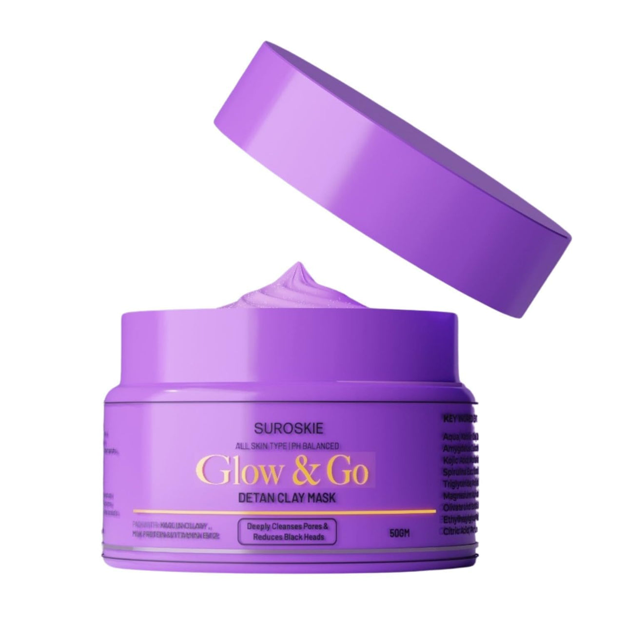 Suroskie Glow & Go De-Tan Clay Mask | Kaolin Clay & Kojic Extract | Removes Tan, Dark Spots & Blackheads | Deep Cleansing & Brightening Face Pack For Glowing Skin | All Skin Types | Men & Women 50G
