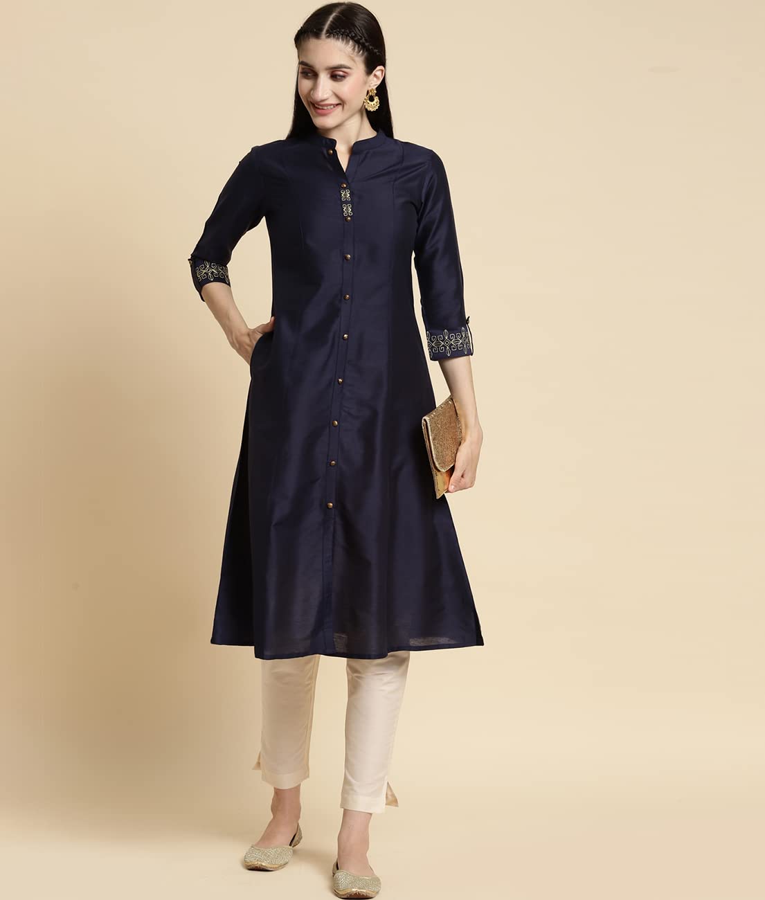 rangita Women Solid Embroidered Calf Length A Line Kurti with Sleeves Tabs