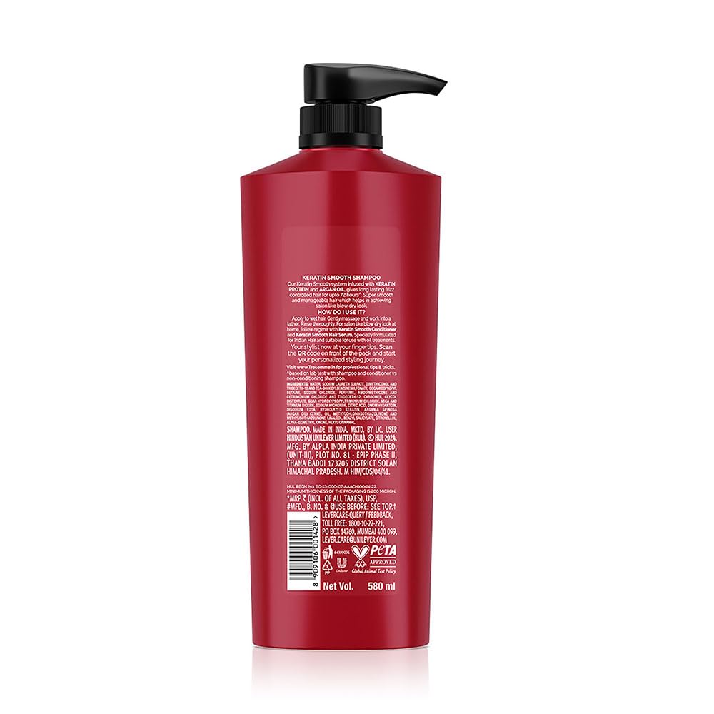TRESemme Keratin Smooth Shampoo 580 ml, With Keratin & Argan Oil for Straighter, Shinier Hair - Nourishes Dry Hair & Controls Frizz, For Men & Women