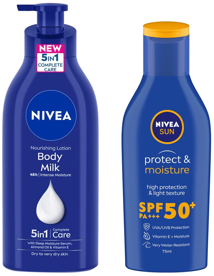 NIVEA Body Lotion for Very Dry Skin, 600 ml & NIVEA Sun Lotion, SPF 50, with UVA & UVB Protection, Water Resistant Sunscreen for Men & Women, 75 ml