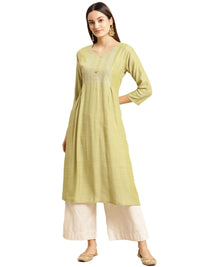 rangita Women Mint Green Yoke Zari Embroidered Calf Length A-Line Kurti
