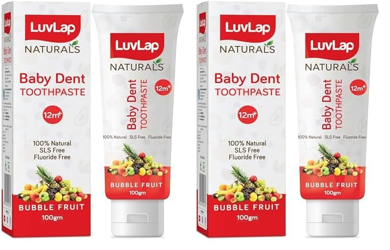LuvLap Naturals 100% Natural Baby Toothpaste 100g, Bubble Fruit Flavour, SLS & Fluoride Free Kids Toothpaste, Removes Plaque, Prevents Bacteria, Ensures White Teeth, Neutral pH, 12M+ (Pack of 2)