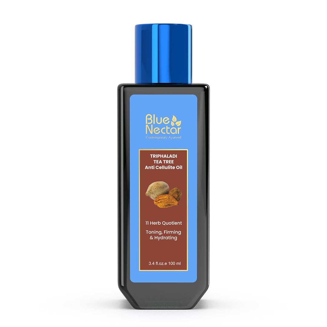 Blue Nectar Anti Cellulite Body Massage Oil with Triphala & Tea Tree Essential Oil | Plant Based Body Oil for Women & Men for Skin Hydration (11 Herbs,100ml)