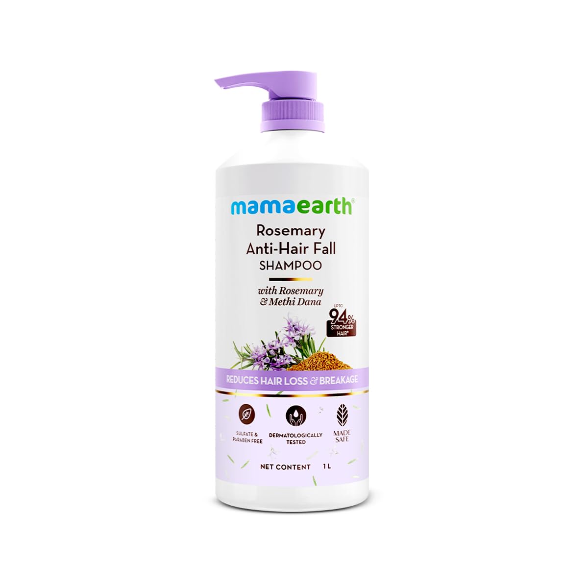 Mamaearth Rosemary Anti-Hair Fall Shampoo with Rosemary & Methi Dana for Reducing hair Loss & Breakage - 1 Litre | Up to 94% Stronger Hair | Up to 93% Less Fall | Sulphate Free Shampoo | For Men and Women