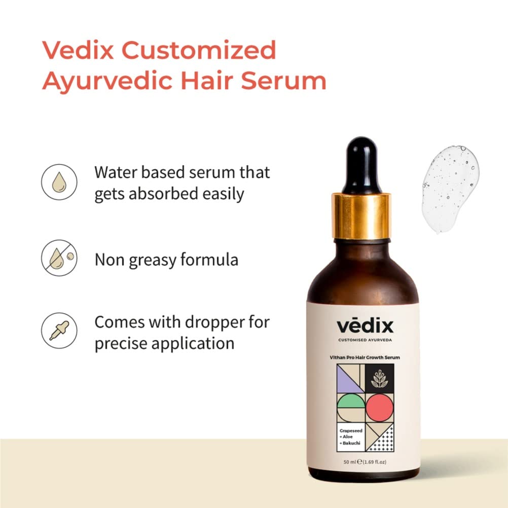 Vedix Hair Serum, Vithan Pro Hair Growth Serum, Customized Ayurvedic Hair Serum For Unisex, With Aloe & Bakuchi, Repair Damaged Hair, 40 Ml, Pack of 1