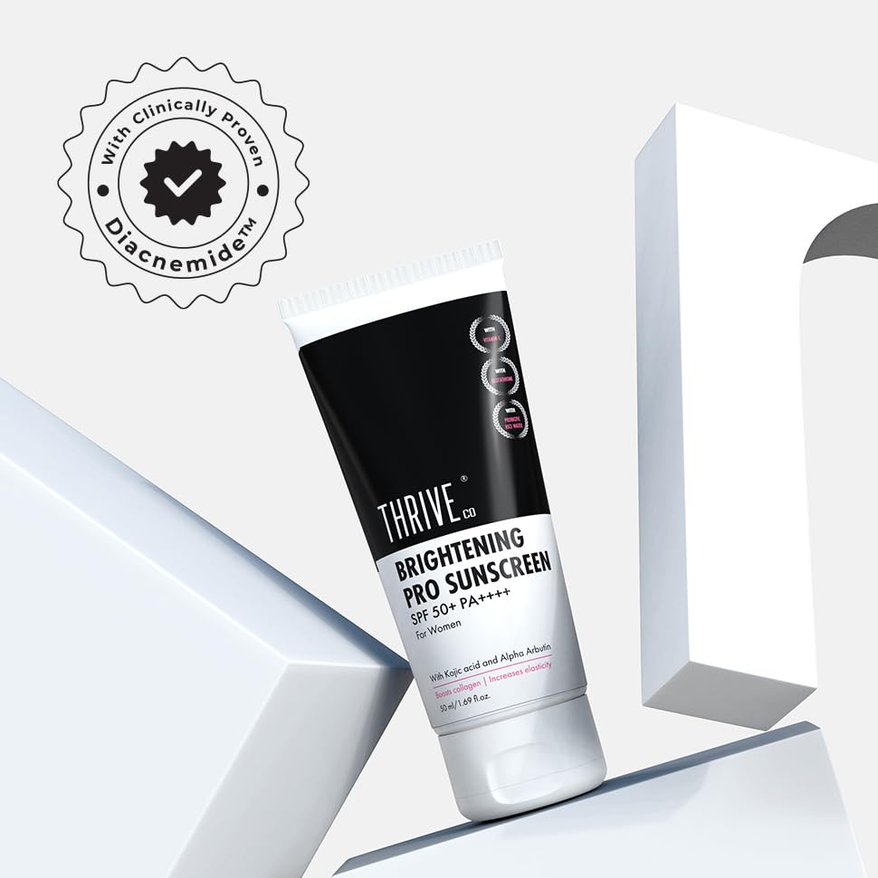 ThriveCo Brightening Pro Sunscreen for Women | SPF 50+ Pa++++ | Zero White Cast | Kojic acid, Vitamin C & Diacnemide™ | Non-sticky & Anti-Ageing | Boosts Collagen, Fades Dark Spots & Wrinkles | 50ml