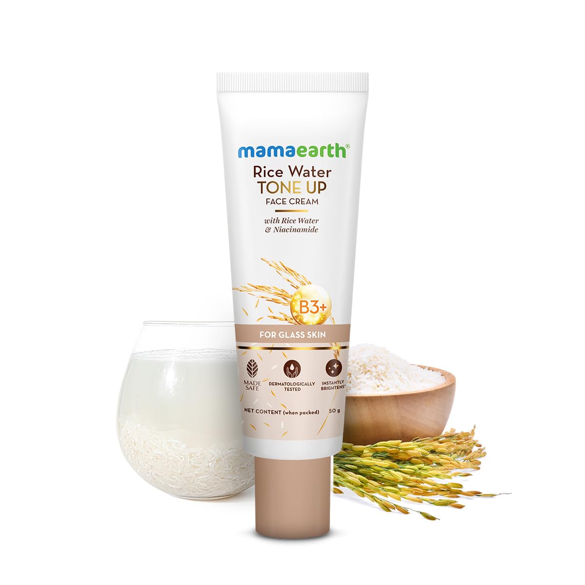 Mamaearth Rice Water Tone Up Face Cream with Rice Water & Niacinamide for Glass Skin 50g | Instantly Brightens | Even Skin Tone | Adds Glow | All Skin Types | Korean Rice Tone Up