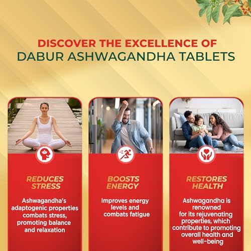 Dabur Ashwagandha Tablets - 60 tabs | General Wellness Tablets | Stress Relief | Rich in Antioxidants | Immunity Booster | Rich in Antioxidants | Rejuvenates Body