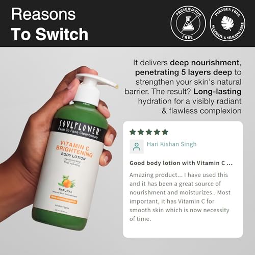 Soulflower Vitamin C Body Lotion with Hyaluronic Acid for Natural UV Protection, Dark Spots reduction, skin Nourishment, Brightning, Hydration for All Skin Types | Light weight & non-sticky | 200ml