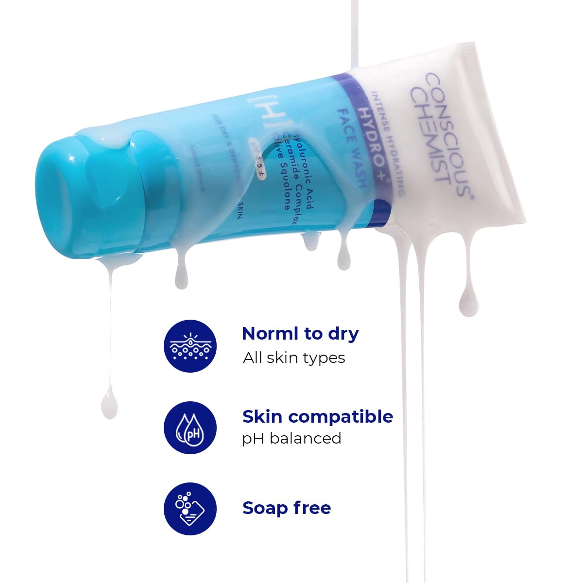 Conscious Chemist® Gentle Face Wash for Dry Skin | 100ml | Hydrating Cleanser for Face with Hyaluronic Acid, Ceramides and Ginseng Extract, Treats Dull and Dehydrated Skin for Women & Men - Hydro+