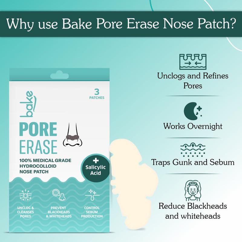 BAKE 2% Salicylic Acid Nose Strips for Pore Cleansing & Blackheads Removal | Hydrocolloid Nose Strips for Control Sebum Production (3 Strips)