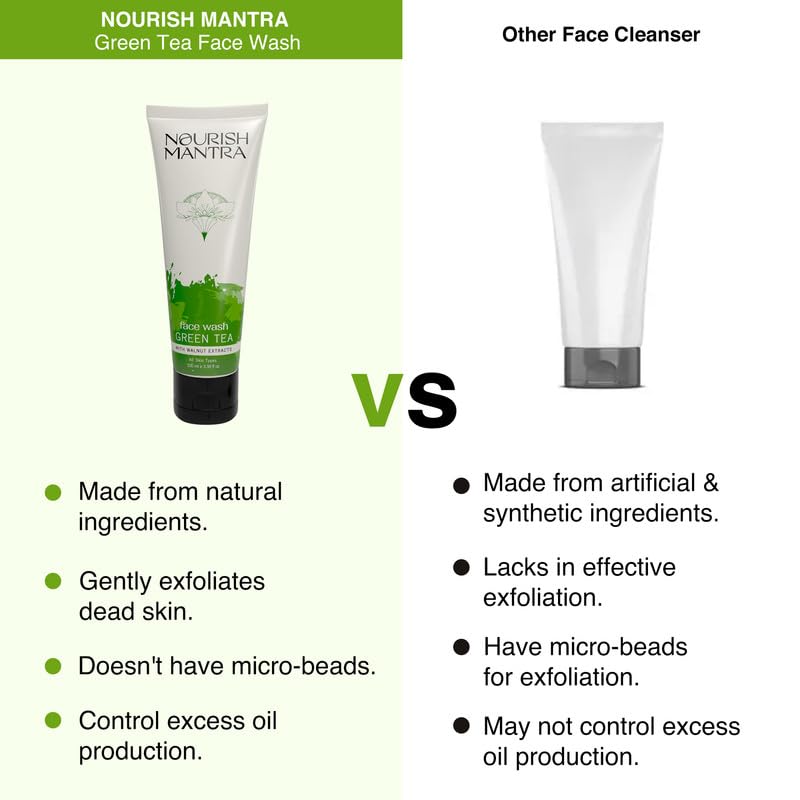 Nourish Mantra Green Tea Tatva Face Wash | With Green Tea, Walnut Powder & Niacinamide| For All Skin Types | 2-in-1 Exfoliator & Face Cleanser | Paraben & SLSSLES Free - 100 ml