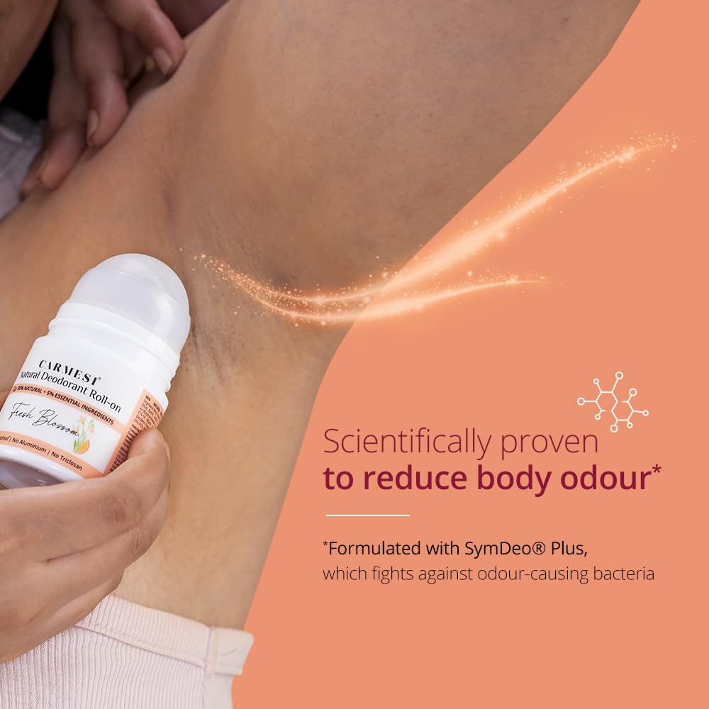 Carmesi Natural Underarm Roll On Deodorant for Women | 95% Natural + 5% Essential Ingredients | For Fresh Underarms | No Alcohol & Aluminium | Fresh Blossom | 50 ml