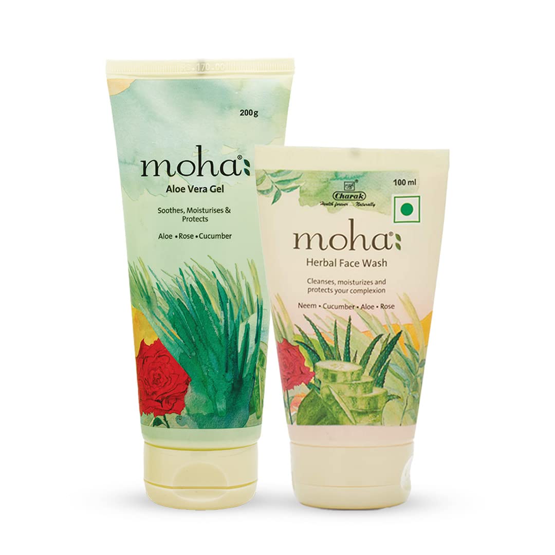 moha: Aloe Vera Gel 200 gm and Herbal Face Wash 100 ML | Face Wash With Goodness Of Neem, Aleovera, Cucumber, Rose Combo Pack