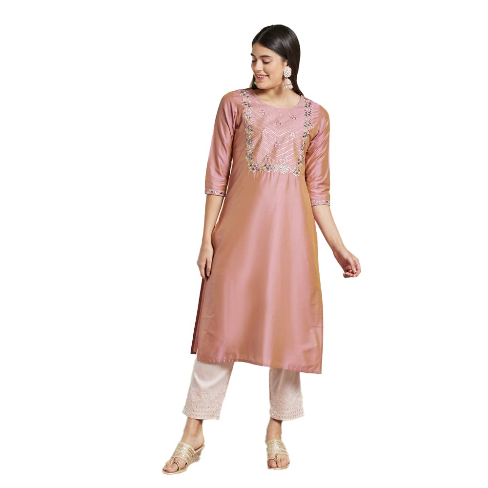 Kashish Women's  Viscose Embroidered Round Neck Straight Fit Kurta