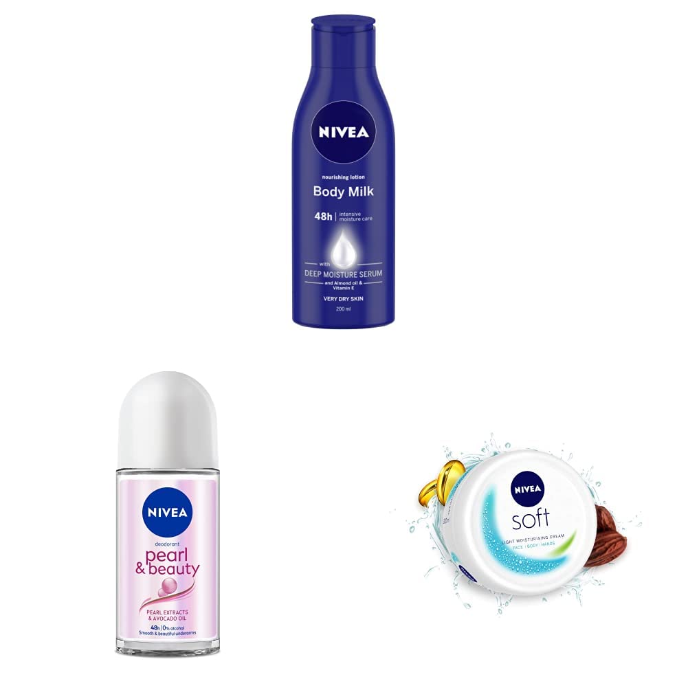 NIVEA Body Lotion for Very Dry Skin,200 ml&NIVEA Deodorant Roll On, Pearl & Beauty For Women 50ml&NIVEA Soft Light Moisturizer Cream 200 ml