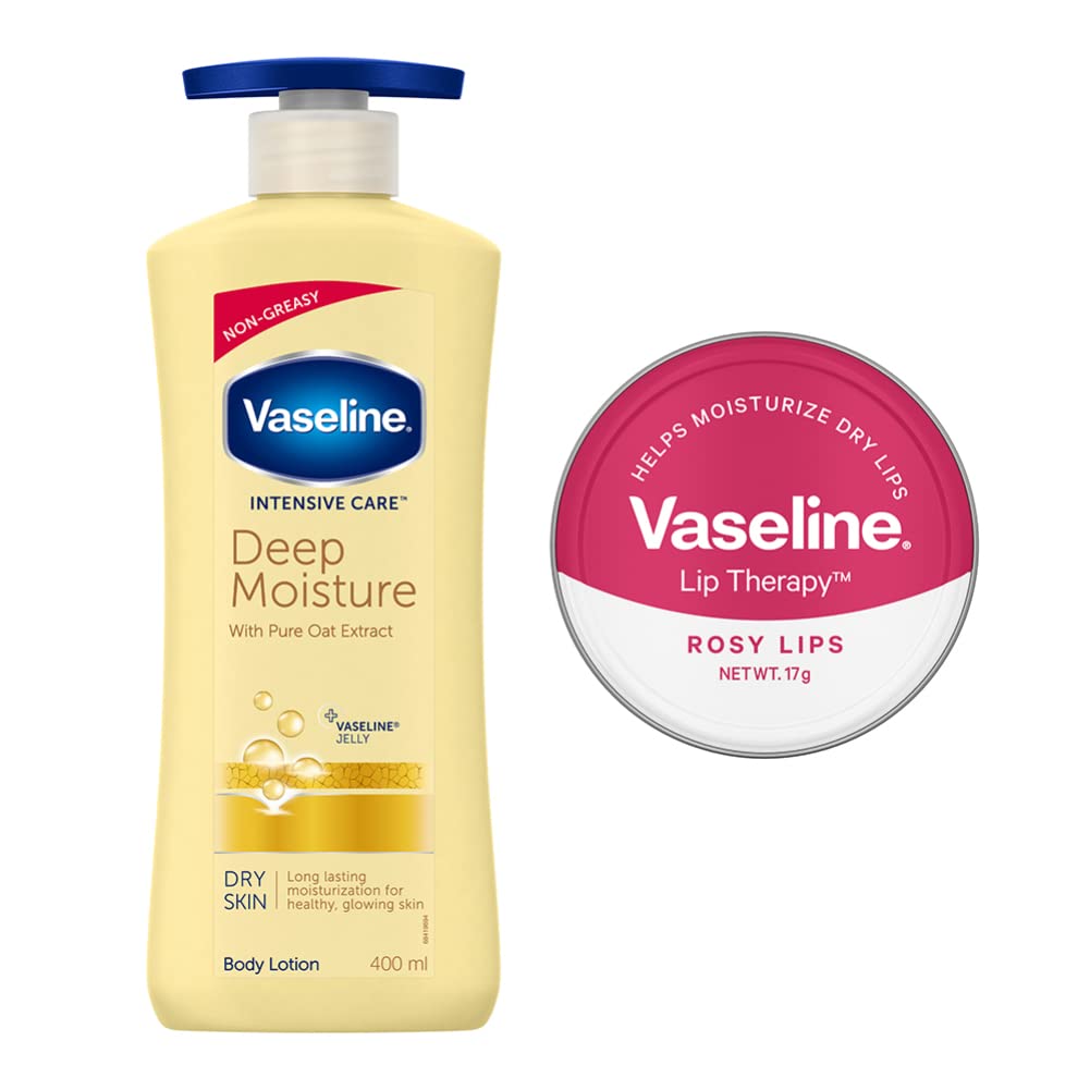 Vaseline Deep Moisture Lotion, 400ml with Vaseline Rosy Lip Tin, 17g for Moisturized Skin & Sheer Pink Tint