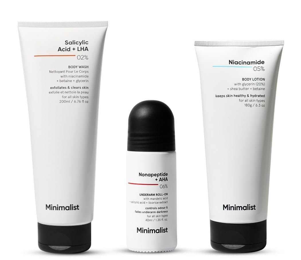 Minimalist Body Care Kit | 2% Salicylic Acid Body Wash + Underarm Roll-On + Niacinamide 5% Body Lotion | Ideal for Body Acne & Bumpy Skin, Hydration & Barrier Repair, Odor & Darkness | For Women & Men